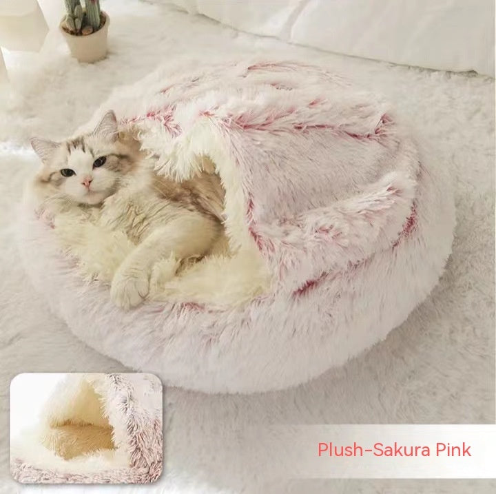 2-in-1 PetPlush Round Warm Winter House Bed for Dogs & Cats
