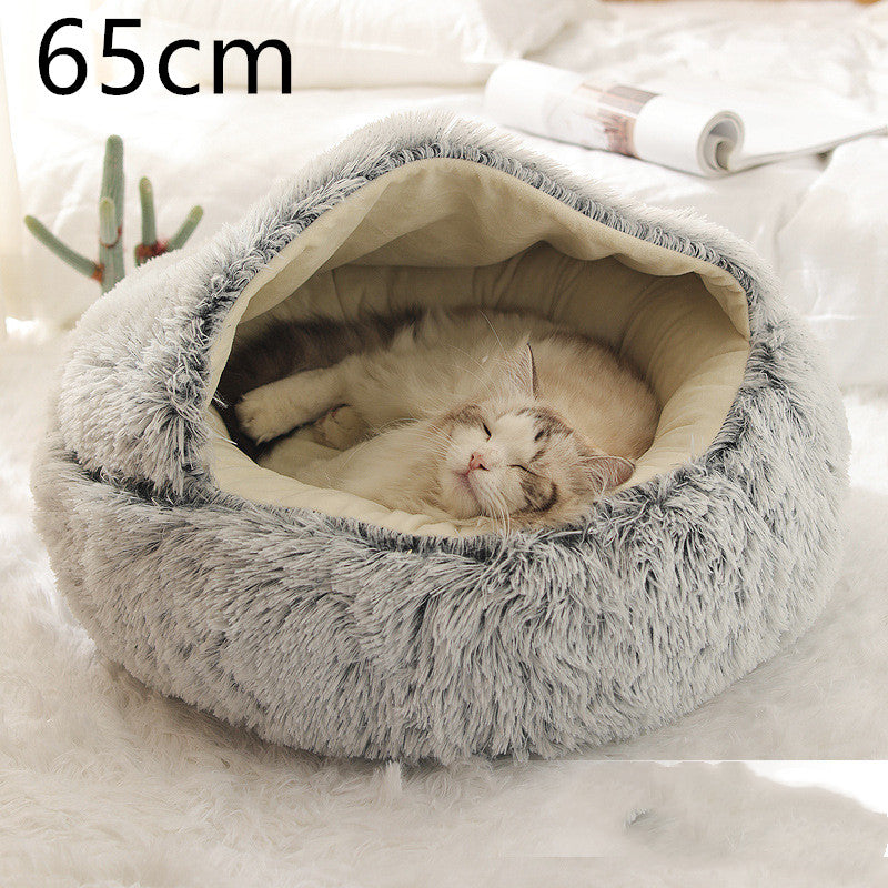 2-in-1 PetPlush Round Warm Winter House Bed for Dogs & Cats
