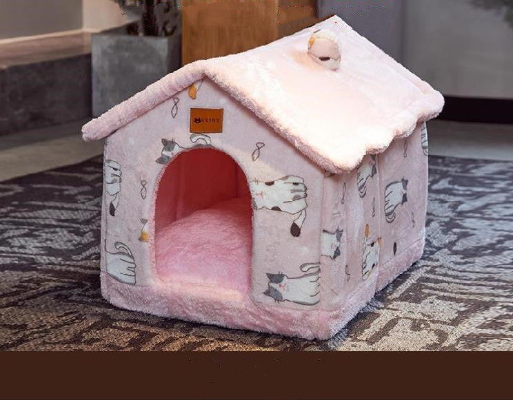 Foldable Warm Enclosed Pet House Bed with Removable Cushion