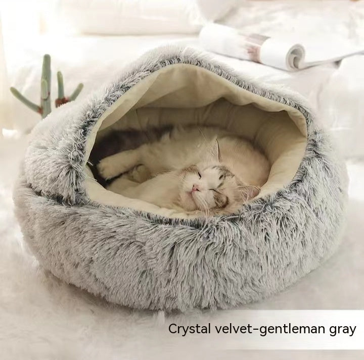 2-in-1 PetPlush Round Warm Winter House Bed for Dogs & Cats