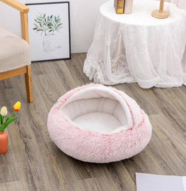 2-in-1 PetPlush Round Warm Winter House Bed for Dogs & Cats