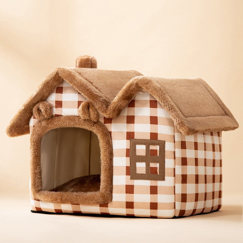 Foldable Warm Enclosed Pet House Bed with Removable Cushion