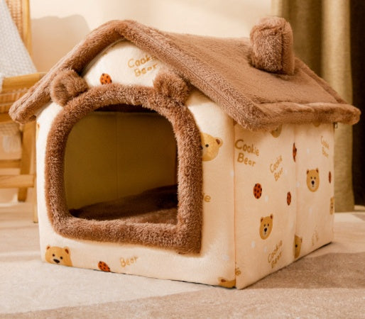 Foldable Warm Enclosed Pet House Bed with Removable Cushion