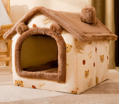Foldable Warm Enclosed Pet House Bed with Removable Cushion
