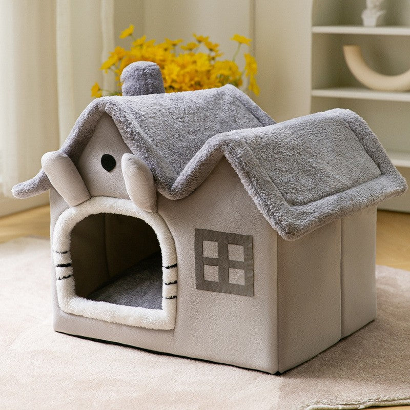 Foldable Warm Enclosed Pet House Bed with Removable Cushion