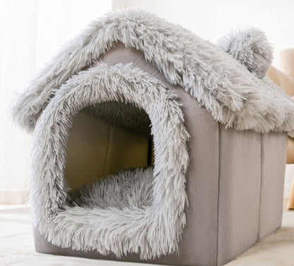 Foldable Warm Enclosed Pet House Bed with Removable Cushion