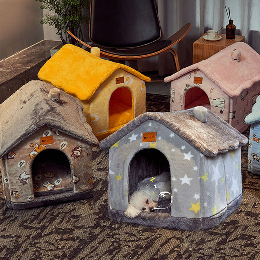 Foldable Warm Enclosed Pet House Bed with Removable Cushion