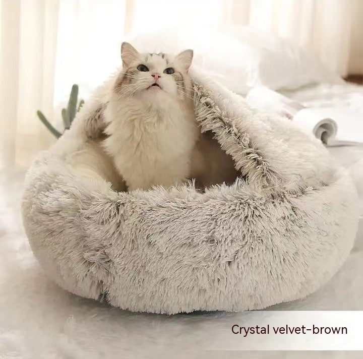 2-in-1 PetPlush Round Warm Winter House Bed for Dogs & Cats
