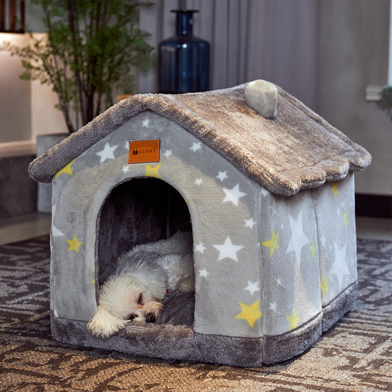 Foldable Warm Enclosed Pet House Bed with Removable Cushion