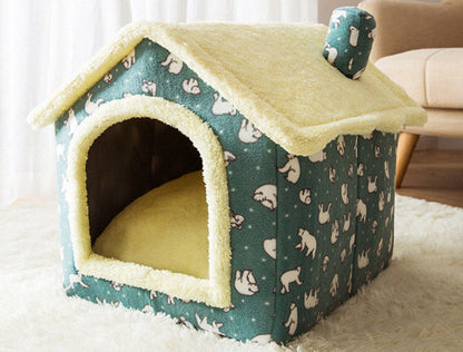 Foldable Warm Enclosed Pet House Bed with Removable Cushion