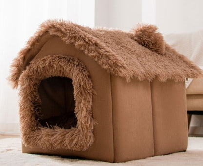Foldable Warm Enclosed Pet House Bed with Removable Cushion
