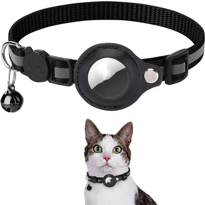 Waterproof airtag holder for pets featuring a black nylon collar and cat with bell.