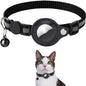 Waterproof airtag holder for pets featuring a black nylon collar and cat with bell.