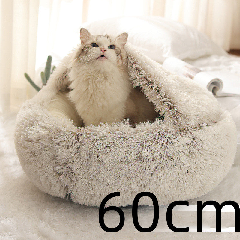 2-in-1 PetPlush Round Warm Winter House Bed for Dogs & Cats