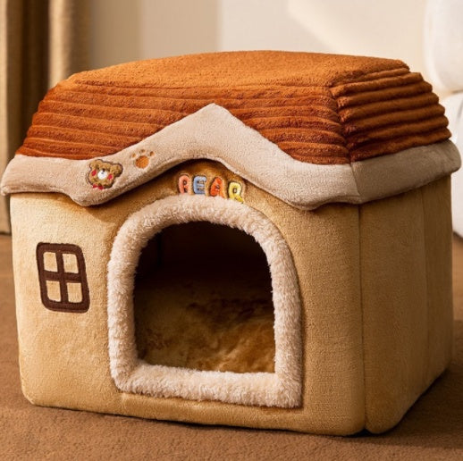 Foldable Warm Enclosed Pet House Bed with Removable Cushion