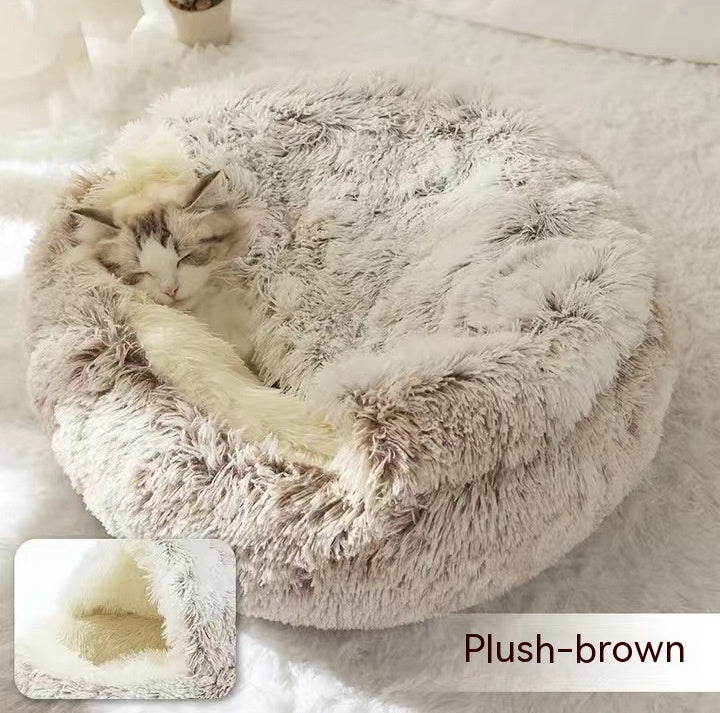 2-in-1 PetPlush Round Warm Winter House Bed for Dogs & Cats