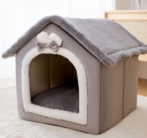 Foldable Warm Enclosed Pet House Bed with Removable Cushion